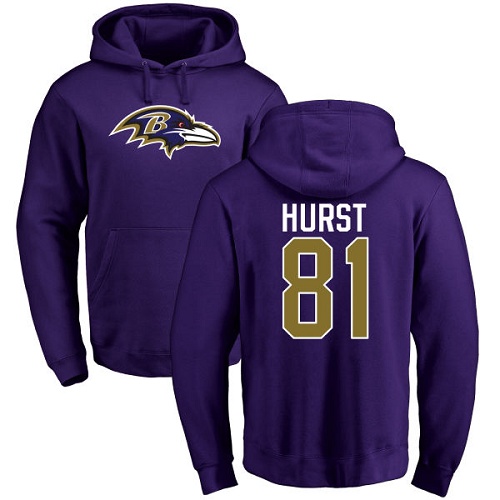 Men Baltimore Ravens Purple Hayden Hurst Name and Number Logo NFL Football #81 Pullover Hoodie Sweatshirt->baltimore ravens->NFL Jersey